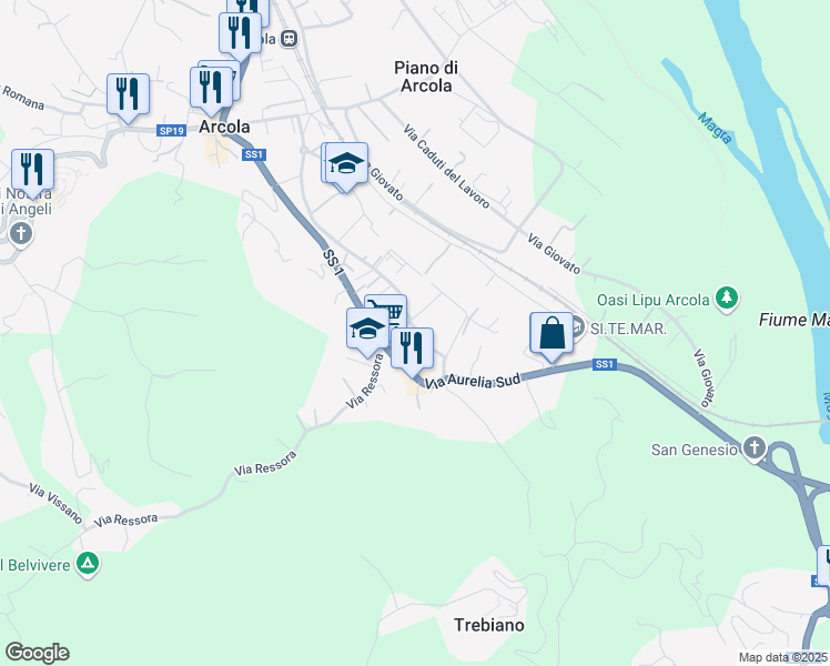 map of restaurants, bars, coffee shops, grocery stores, and more near 11 Via Porcareda in Arcola