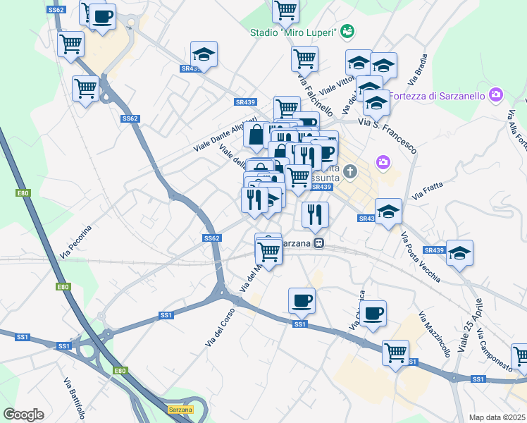 map of restaurants, bars, coffee shops, grocery stores, and more near 37 Via Brigata Partigiana Ugo Muccini in Sarzana