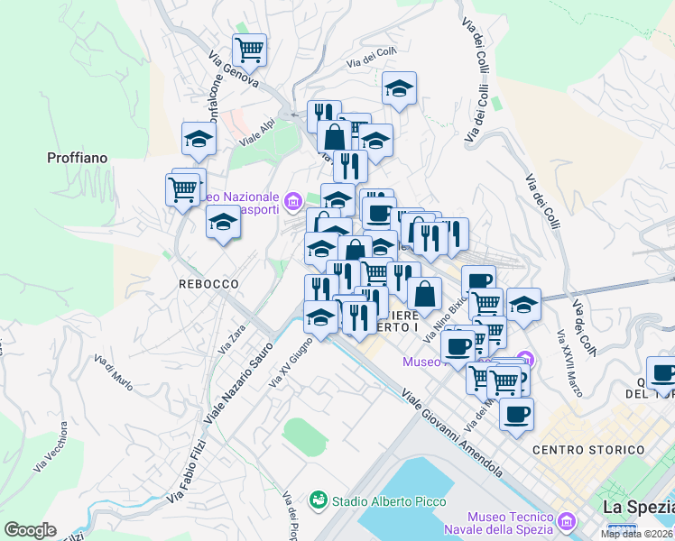 map of restaurants, bars, coffee shops, grocery stores, and more near 61 Viale Aldo Ferrari in La Spezia