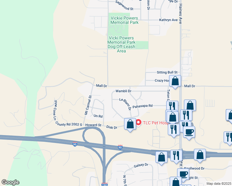 map of restaurants, bars, coffee shops, grocery stores, and more near 909 Wambli Drive in Rapid City