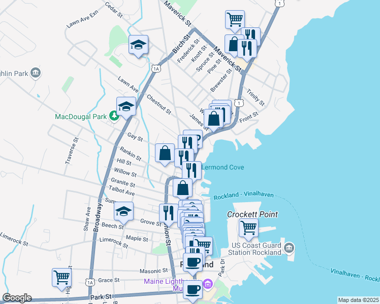map of restaurants, bars, coffee shops, grocery stores, and more near 6 Cottage Street in Rockland
