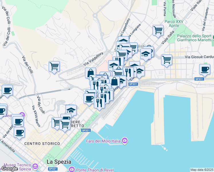 map of restaurants, bars, coffee shops, grocery stores, and more near 126 Via Vittorio Veneto in La Spezia