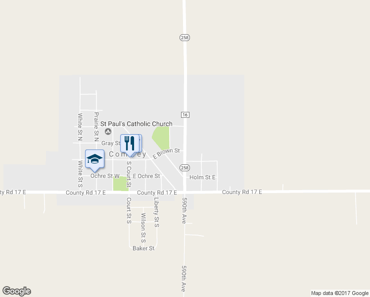 map of restaurants, bars, coffee shops, grocery stores, and more near 108 County Road 16 in Comfrey