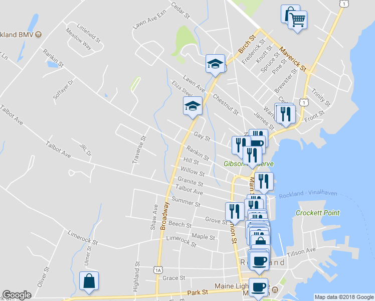 map of restaurants, bars, coffee shops, grocery stores, and more near 80 Rankin Street in Rockland