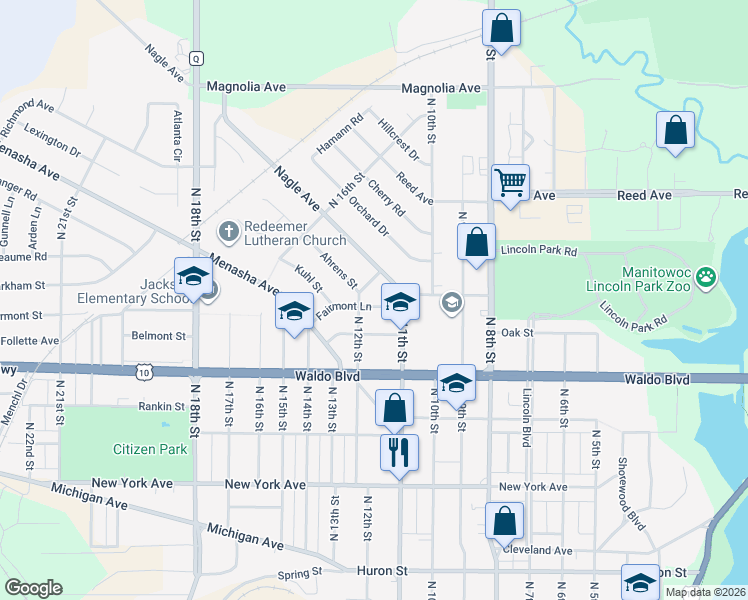 map of restaurants, bars, coffee shops, grocery stores, and more near 1122 Fairmont Lane in Manitowoc