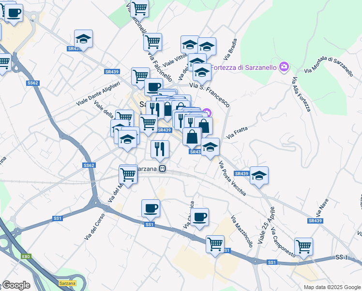 map of restaurants, bars, coffee shops, grocery stores, and more near Viale XXI Luglio in Sarzana