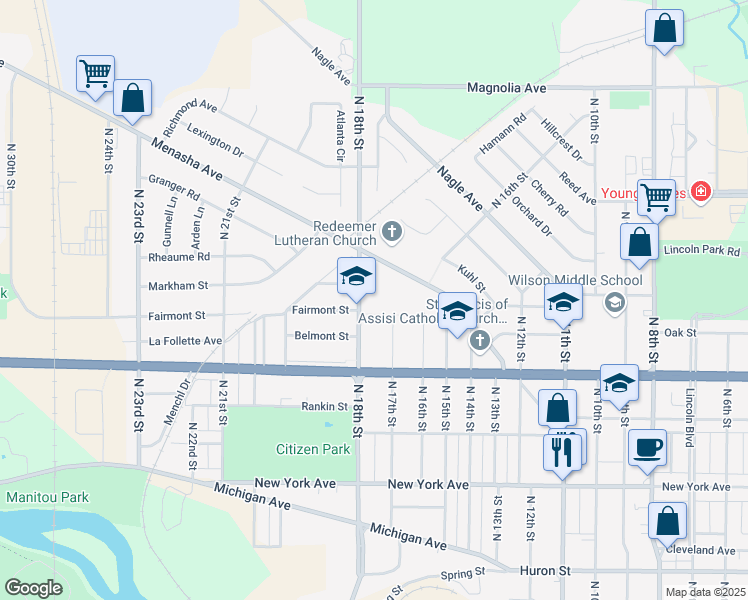 map of restaurants, bars, coffee shops, grocery stores, and more near 1201 North 18th Street in Manitowoc
