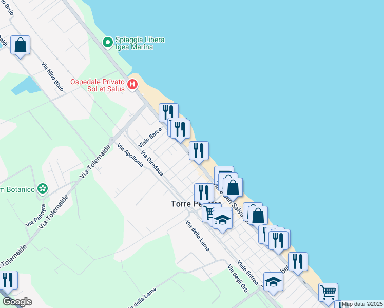 map of restaurants, bars, coffee shops, grocery stores, and more near 1 Viale Kassala in Rimini
