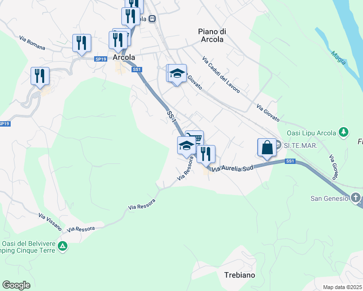 map of restaurants, bars, coffee shops, grocery stores, and more near 123 Via Aurelia Sud in Arcola