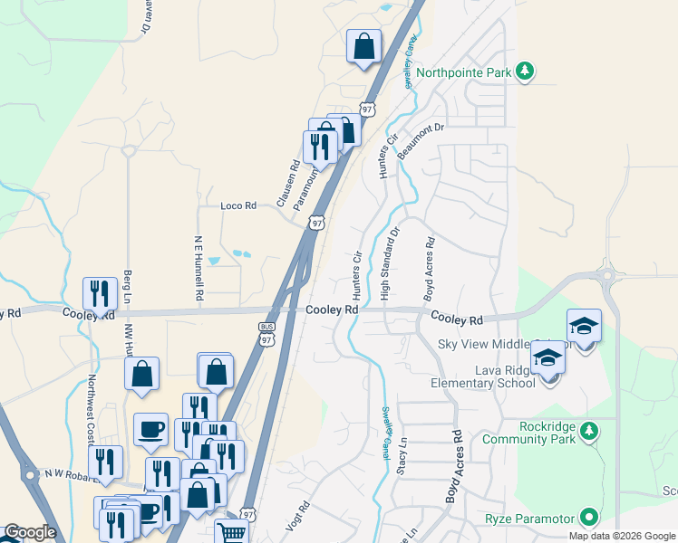 map of restaurants, bars, coffee shops, grocery stores, and more near 20640 Colt Lane in Bend