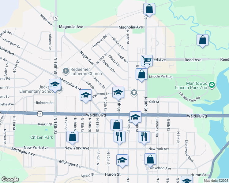 map of restaurants, bars, coffee shops, grocery stores, and more near 1122 Fairmont Lane in Manitowoc