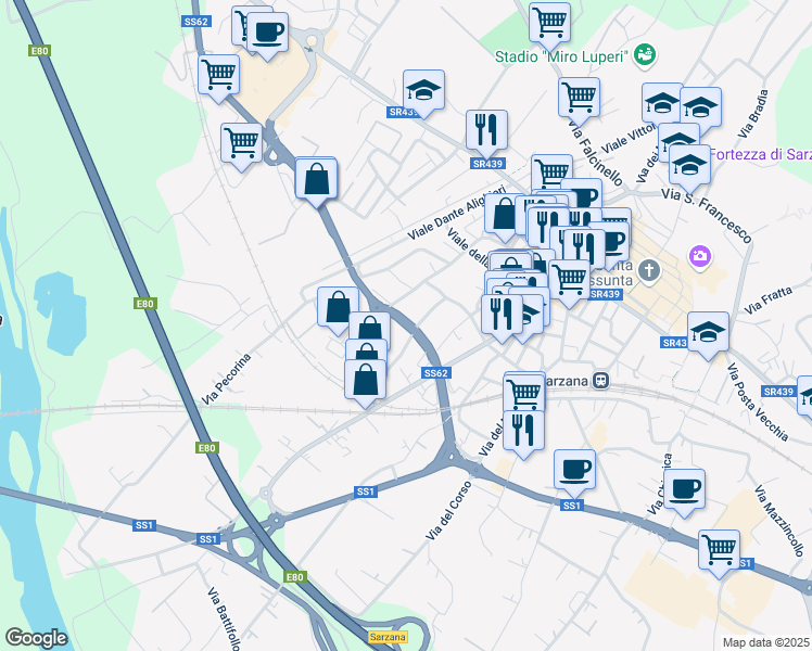 map of restaurants, bars, coffee shops, grocery stores, and more near 31 Via Variante Cisa in Sarzana