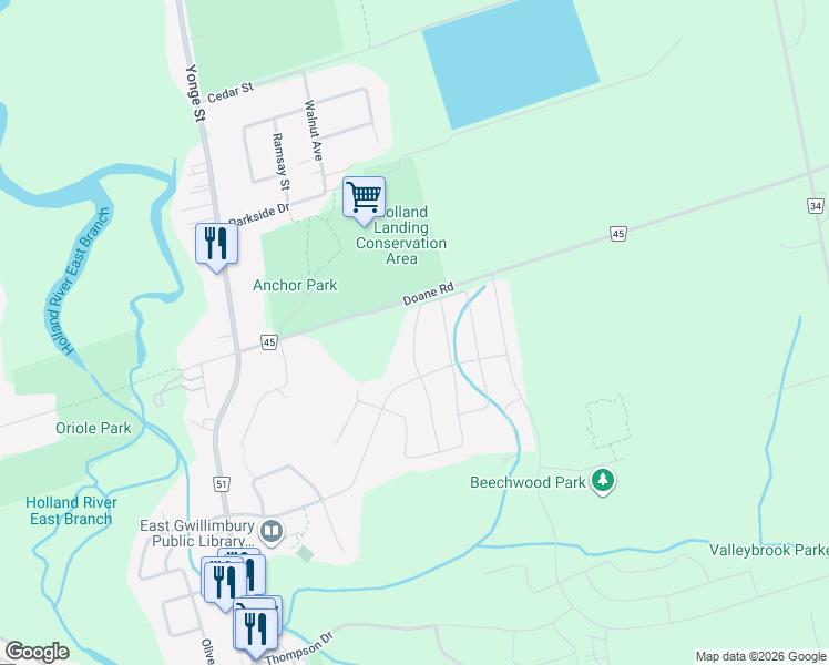map of restaurants, bars, coffee shops, grocery stores, and more near Prunella Crescent in East Gwillimbury