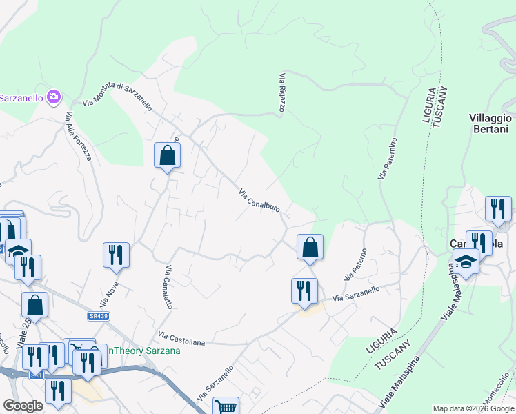 map of restaurants, bars, coffee shops, grocery stores, and more near 49 Via Canalburo in Sarzana