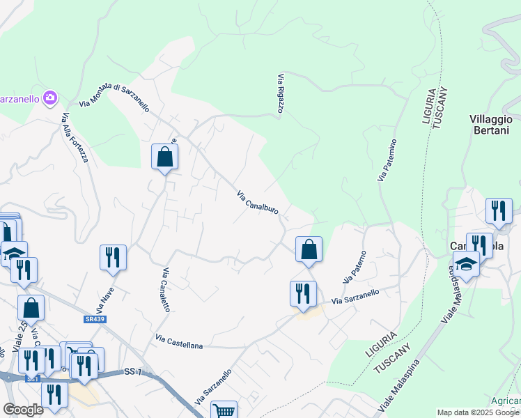 map of restaurants, bars, coffee shops, grocery stores, and more near 49 Via Canalburo in Sarzana
