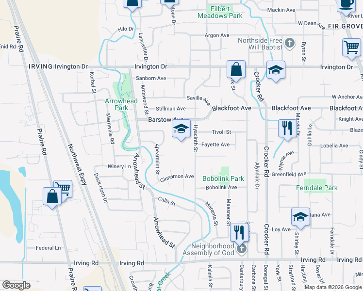 map of restaurants, bars, coffee shops, grocery stores, and more near 3200 Hyacinth St in Eugene