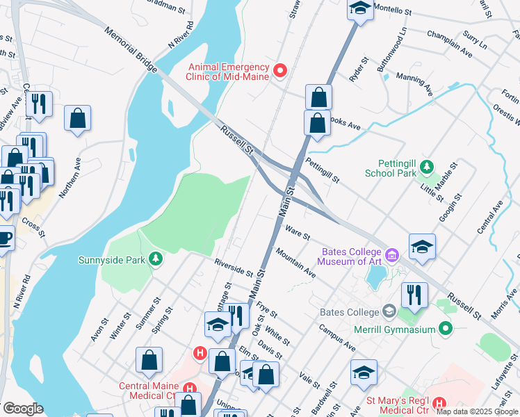 map of restaurants, bars, coffee shops, grocery stores, and more near 142 Cottage Street in Lewiston