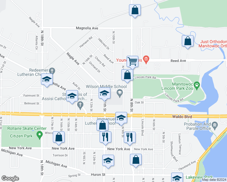 map of restaurants, bars, coffee shops, grocery stores, and more near 1007 School St in Manitowoc