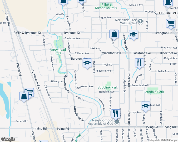 map of restaurants, bars, coffee shops, grocery stores, and more near 3200 Hyacinth Street in Eugene