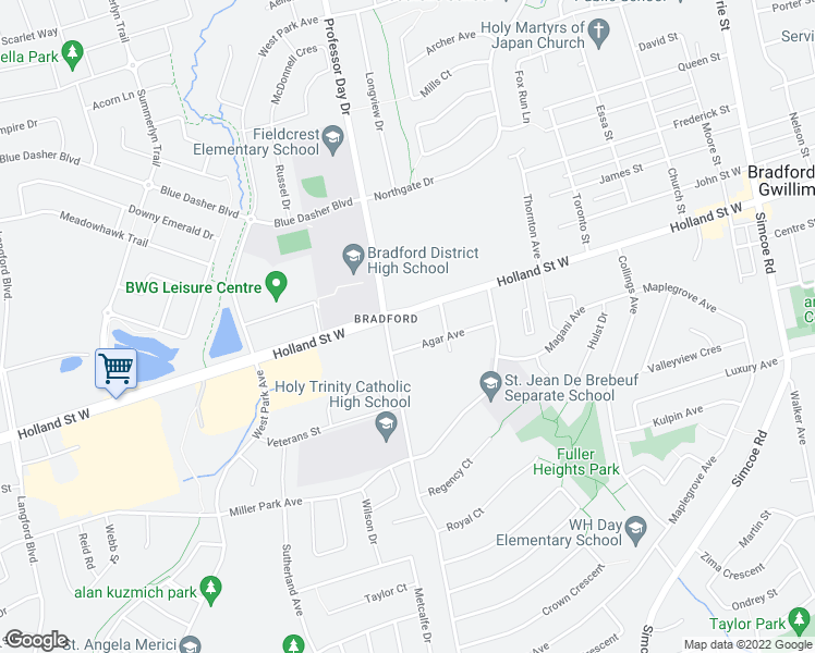 map of restaurants, bars, coffee shops, grocery stores, and more near 382 Holland Street West in Bradford West Gwillimbury