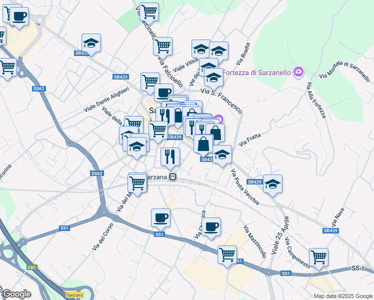 map of restaurants, bars, coffee shops, grocery stores, and more near Viale XXI Luglio in Sarzana