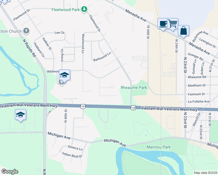 map of restaurants, bars, coffee shops, grocery stores, and more near 3401 Chasm Ln in Manitowoc