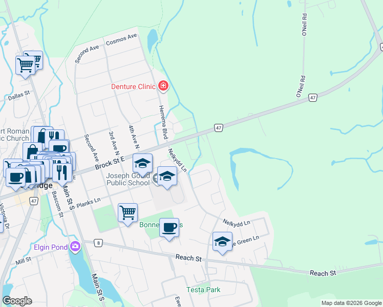 map of restaurants, bars, coffee shops, grocery stores, and more near 216 B Brock Street East in Uxbridge