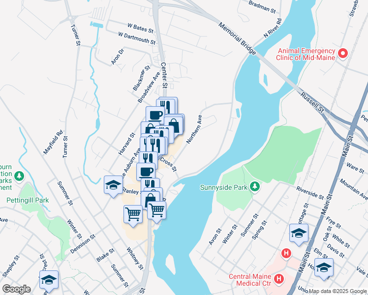 map of restaurants, bars, coffee shops, grocery stores, and more near 7 Northern Avenue in Auburn