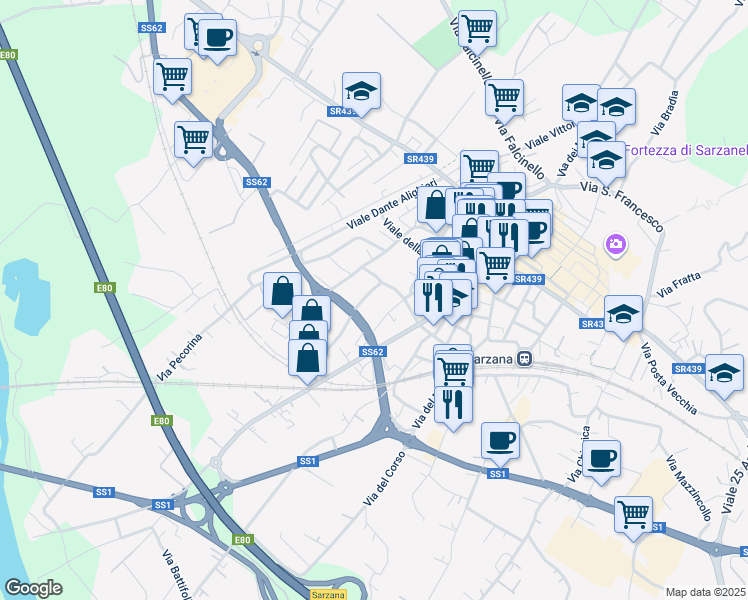 map of restaurants, bars, coffee shops, grocery stores, and more near 6 Via 8 Marzo in Sarzana