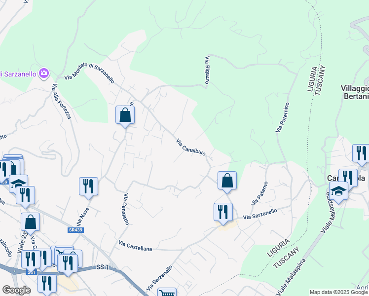 map of restaurants, bars, coffee shops, grocery stores, and more near 49 Via Canalburo in Sarzana