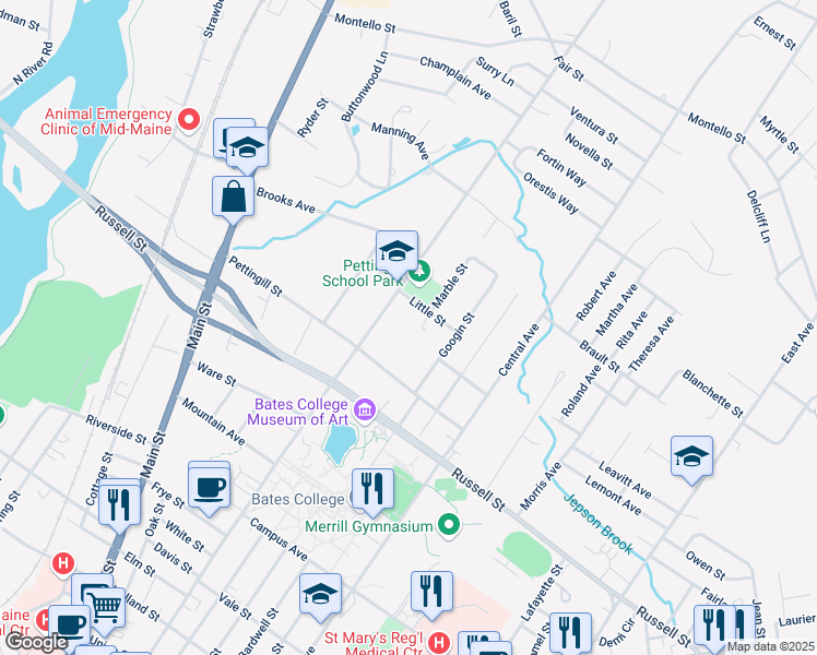 map of restaurants, bars, coffee shops, grocery stores, and more near 19 Marble Street in Lewiston