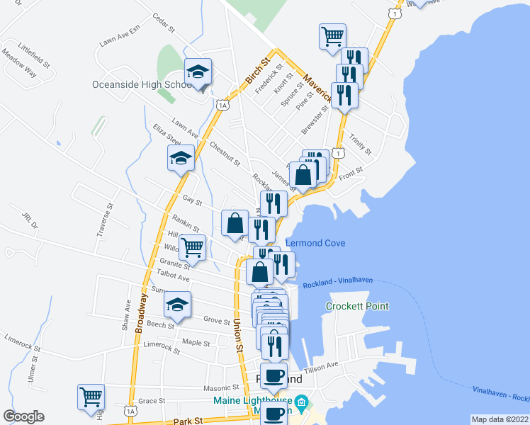 map of restaurants, bars, coffee shops, grocery stores, and more near 13 Cottage Street in Rockland