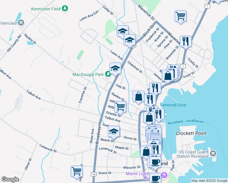 map of restaurants, bars, coffee shops, grocery stores, and more near 80 Rankin Street in Rockland