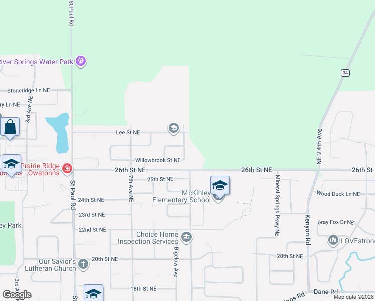 map of restaurants, bars, coffee shops, grocery stores, and more near 886 Willowbrook Street Northeast in Owatonna