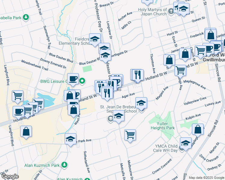 map of restaurants, bars, coffee shops, grocery stores, and more near in Bradford West Gwillimbury