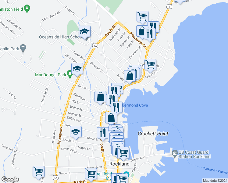 map of restaurants, bars, coffee shops, grocery stores, and more near 6 Cottage Street in Rockland