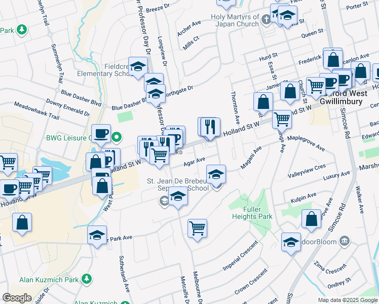 map of restaurants, bars, coffee shops, grocery stores, and more near 382 Holland Street West in Bradford West Gwillimbury