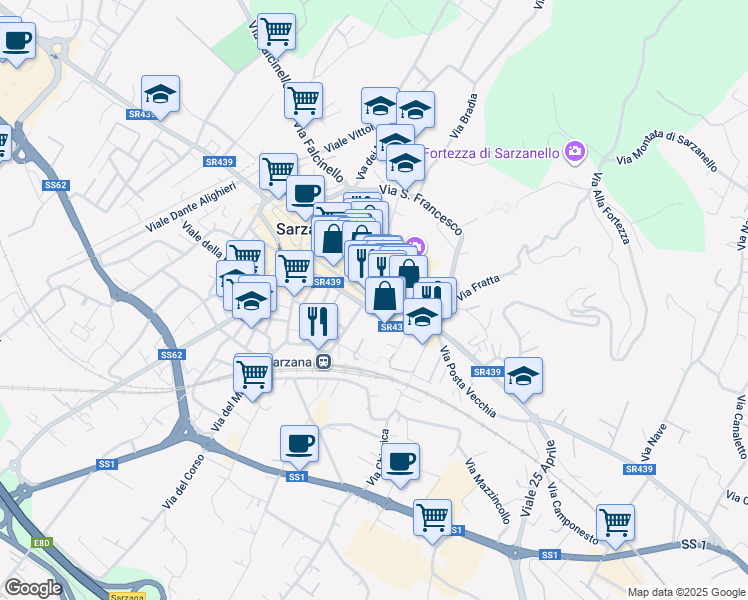 map of restaurants, bars, coffee shops, grocery stores, and more near 10 Via Sotto Gli Uffizi in Sarzana