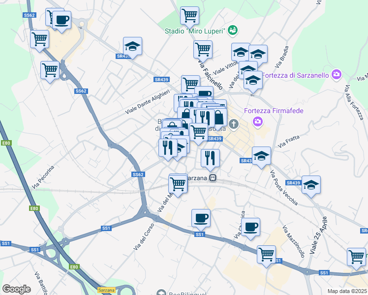 map of restaurants, bars, coffee shops, grocery stores, and more near Via Giuseppe Picedi Benettini in Sarzana