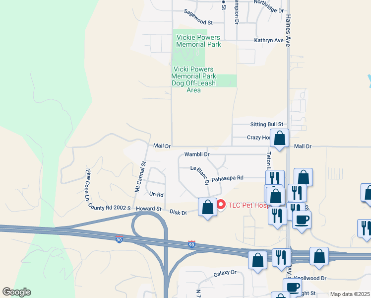 map of restaurants, bars, coffee shops, grocery stores, and more near 909-1001 Wambli Drive in Rapid City