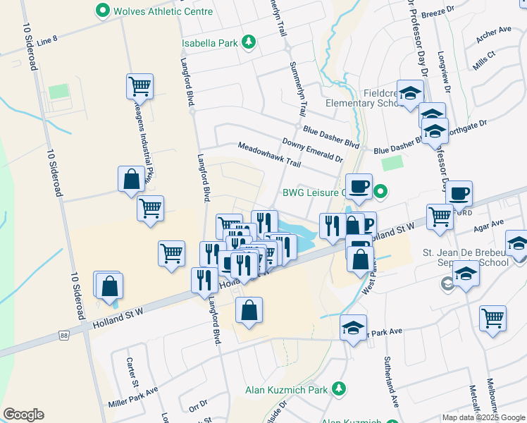 map of restaurants, bars, coffee shops, grocery stores, and more near Summerlyn Trail in Bradford West Gwillimbury