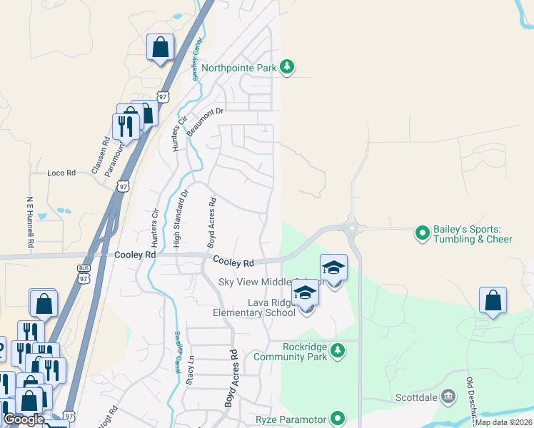 map of restaurants, bars, coffee shops, grocery stores, and more near 63692 Ranch Village Dr in Bend