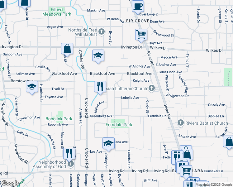 map of restaurants, bars, coffee shops, grocery stores, and more near 3185 Dahlia Lane in Eugene