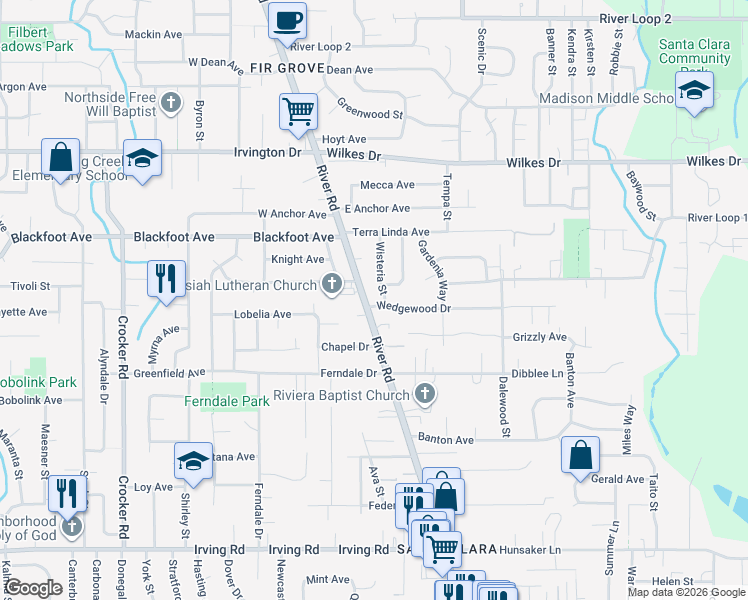 map of restaurants, bars, coffee shops, grocery stores, and more near 3200 River Road in Eugene