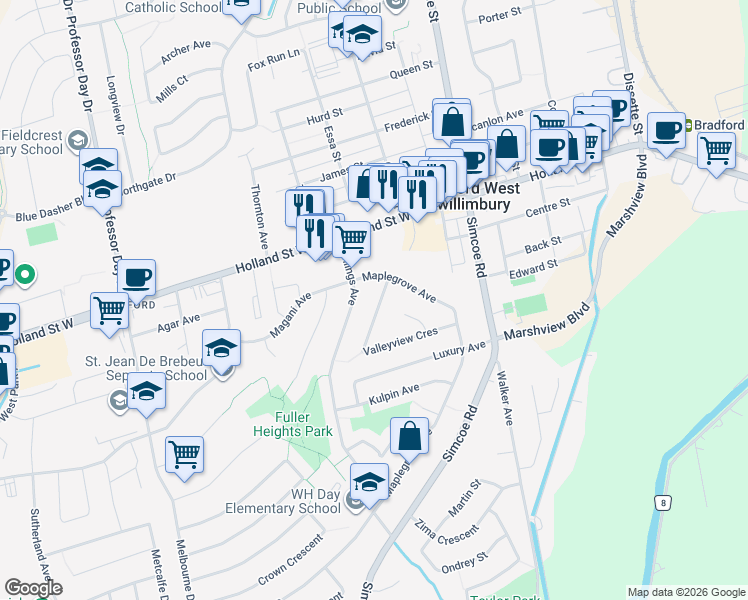 map of restaurants, bars, coffee shops, grocery stores, and more near 172 Valleyview Crescent in Bradford West Gwillimbury