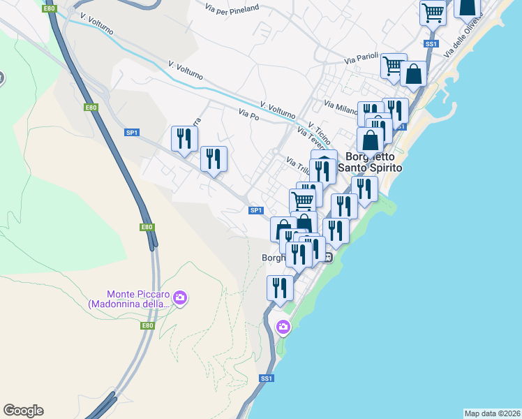 map of restaurants, bars, coffee shops, grocery stores, and more near 1 Via Pr. Alizeri in Provincia di Savona