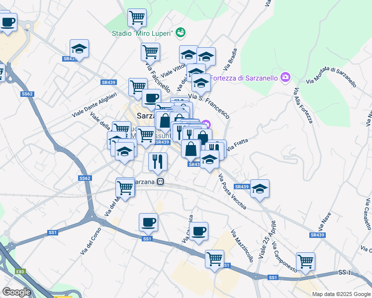 map of restaurants, bars, coffee shops, grocery stores, and more near 10 Via Sotto Gli Uffizi in Sarzana