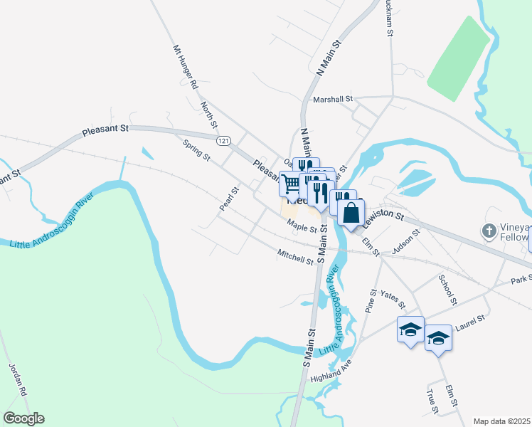 map of restaurants, bars, coffee shops, grocery stores, and more near 78 Maple Street in Mechanic Falls