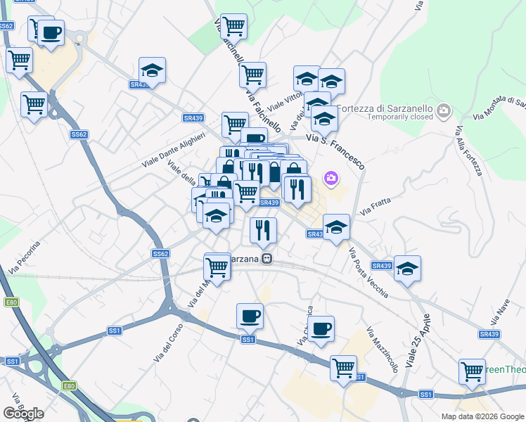 map of restaurants, bars, coffee shops, grocery stores, and more near 16 Via Nilo Garbusi Partigiano Med. d'Argento 1922 - 1944 in Sarzana