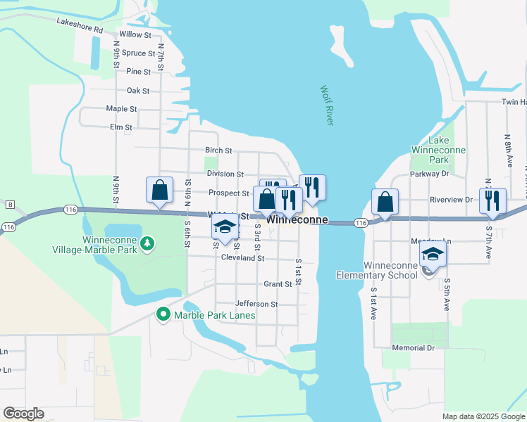 map of restaurants, bars, coffee shops, grocery stores, and more near 240 West Main Street in Winneconne